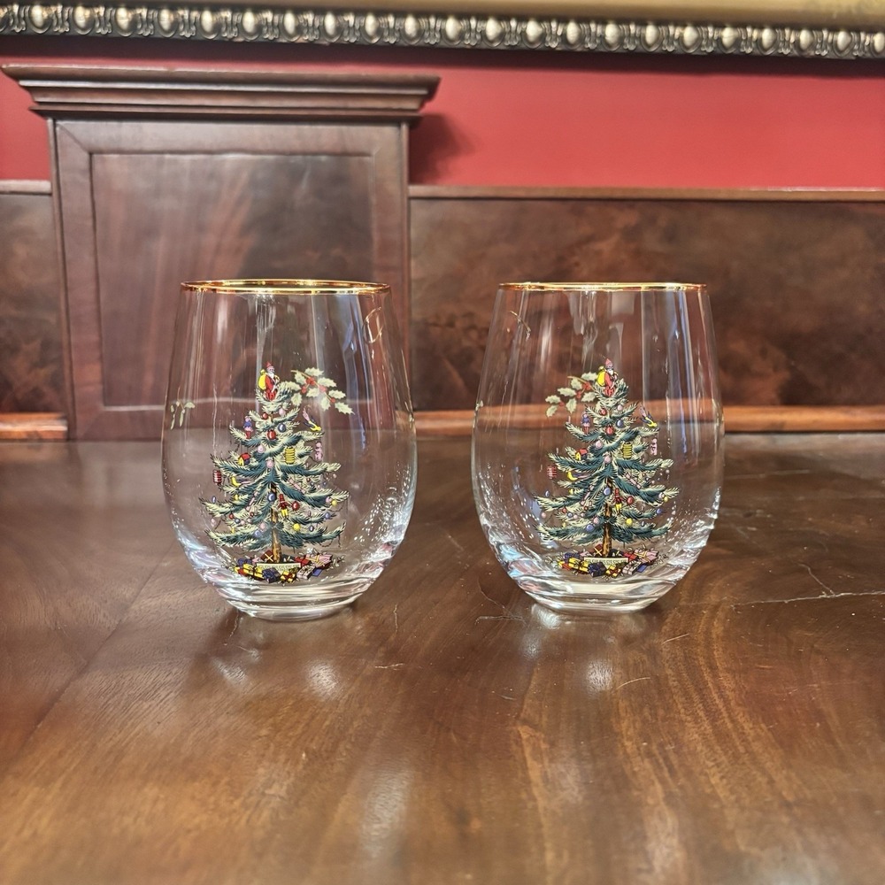 Spode Christmas Tree Stemless Wine Glasses Gold Trim Holiday Cocktail Set of 2